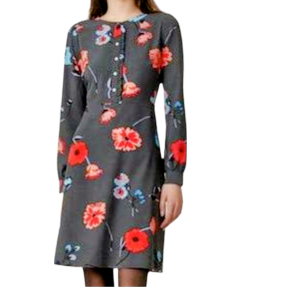 LOFT Long-Sleeved Olive Green Floral Fit & Flare Dress